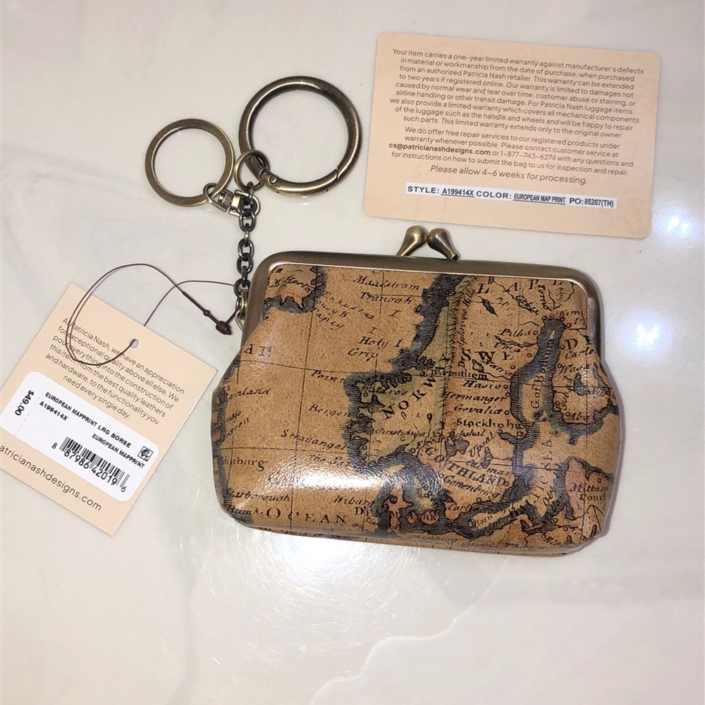 Patricia Nash Borse Leather Kiss Lock Coin Purse European Map Print NWT & Card